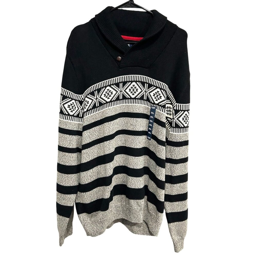 Chaps Mens NE2XL Shawl Collar Knit Sweater Black & Gray Striped Geometric Patter